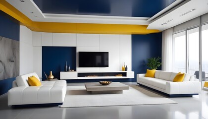 High end modern living room with white leather couch and a large flat screen tv mounted on the wall, brutalist architecture mixed with modern futuristic minimal design