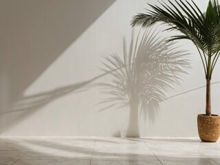Wall Mural - Abstract palm shadows on white wall, pastel floor. Tropical summer mockup.