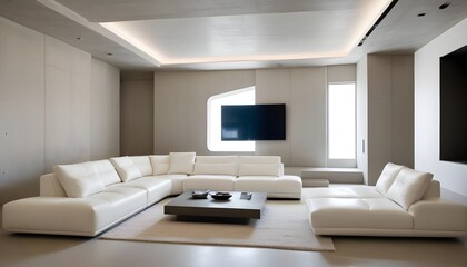 High end modern living room with white leather couch and a large flat screen tv mounted on the wall, brutalist architecture mixed with modern futuristic minimal design