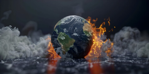 Wall Mural - Earth globe on Fire, concept of global warming and climate change. copy space.