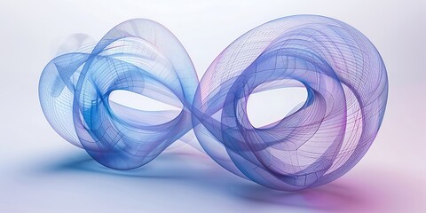 Abstract wireframe hologram of two intertwined rings, white gradient background, digital rendering, high resolution