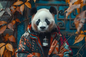 Poster - Panda Enjoying Tranquil Dreams Amidst Autumn Foliage and Retro Fashion Backdrop