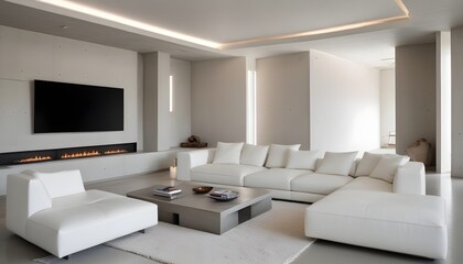 High end modern living room with white leather couch and a large flat screen tv mounted on the wall, brutalist architecture mixed with modern futuristic minimal design