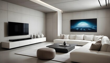 High end modern living room with white leather couch and a large flat screen tv mounted on the wall, brutalist architecture mixed with modern futuristic minimal design