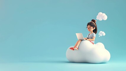 3D cartoon girl sitting on the cloud with laptop and talking, speech bubble with copy space area.