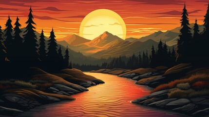 Wall Mural - A Beautiful Sunset over a Serene River with Mountains in the Background