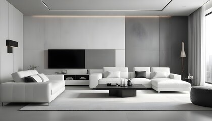 High end modern living room with white leather couch and a large flat screen tv mounted on the wall, brutalist architecture mixed with modern futuristic minimal design