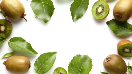 Wall Mural - Beautiful Kiwi Fruit Framed by Lush Green Leaves on White Background