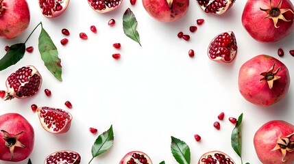 Wall Mural - Beautiful Pomegranate Fruit with Leaves in Natural Border Frame on White Background