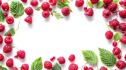 Wall Mural - Beautiful Raspberries with Leaves Arranged in Elegant Border Frame on White Background