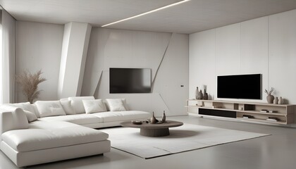 High end modern living room with white leather couch and a large flat screen tv mounted on the wall, brutalist architecture mixed with modern futuristic minimal design