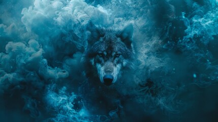 Wall Mural - A wolf is swimming in a sea of blue water, AI