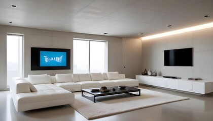 High end modern living room with white leather couch and a large flat screen tv mounted on the wall, brutalist architecture mixed with modern futuristic minimal design