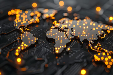 Wall Mural - glowing circuits in world map shape.