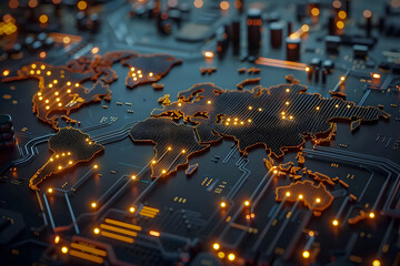 Wall Mural - glowing circuits in world map shape