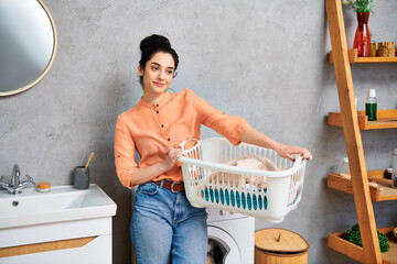 Wall Mural - A stylish woman in casual attire holding a laundry basket standing next to a washer, preparing to do laundry.