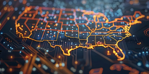Wall Mural - glowing circuits in usa map shape.
