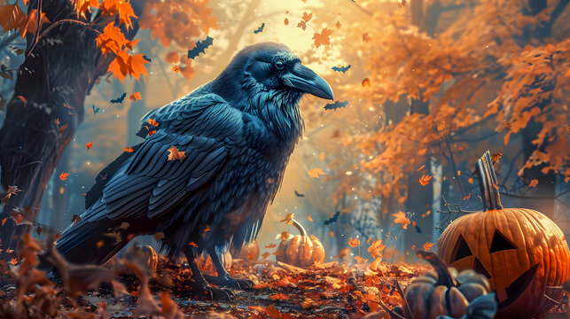 Illustration with raven and pumpkins on a Halloween theme, autumn season, shining 