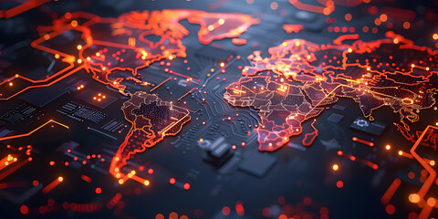 Wall Mural - glowing circuits in world map shape