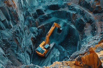 Excavator in a deep quarry mining rock