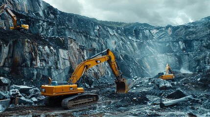 Excavator in a deep quarry mining rock