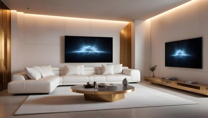 High end modern living room with white leather couch and a large flat screen tv mounted on the wall, brutalist architecture mixed with modern futuristic minimal design