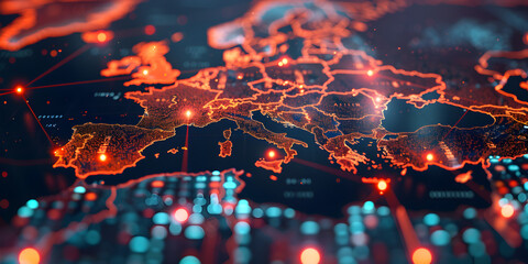 Wall Mural - glowing circuits in world map shape.