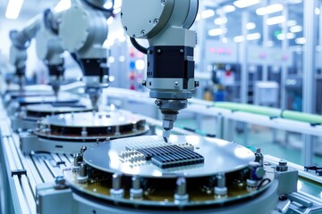 Poster - Robotic manufacturing of semiconductors and computer chips from silicon wafers. Modern technology concept