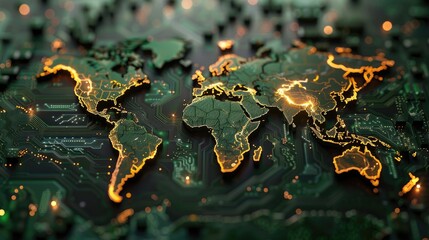 Poster - World map digital tech circuit board background