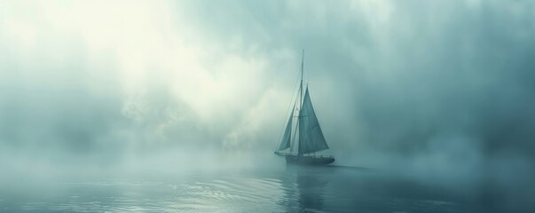 Wall Mural - Sailboat navigating through a dense fog bank, 4K hyperrealistic photo