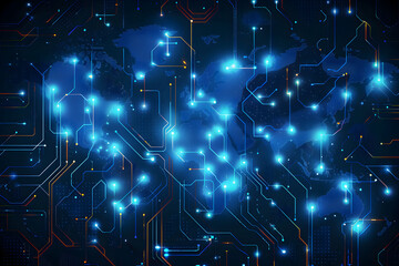 Wall Mural - glowing circuits in world map shape, white and blue tone.