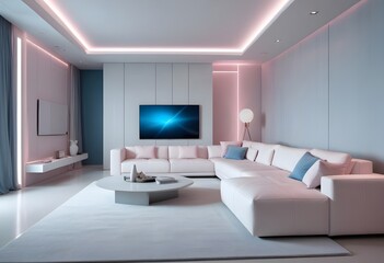 High end modern living room with white leather couch and a large flat screen tv mounted on the wall, brutalist architecture mixed with modern futuristic minimal design