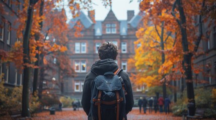 Wall Mural - A man with a backpack walking down the street in front of trees, AI