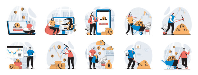 Fototapete - Cryptocurrency mining web concept with people scenes mega set in flat design. Bundle of character situations with make bitcoins trade operations, mining digital money at farms. Vector illustrations.
