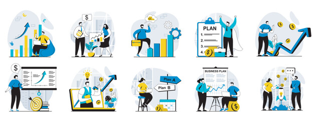Poster - Business making web concept with people scenes mega set in flat design. Bundle of character situations with data marketing research, making plan presentation, strategy creating. Vector illustrations.