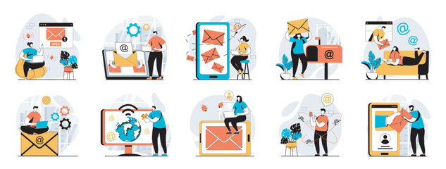Leinwandbilder - Email service web concept with people scenes mega set in flat design. Bundle of character situations with online correspondence app, chatting and sending messages, subscription. Vector illustrations.