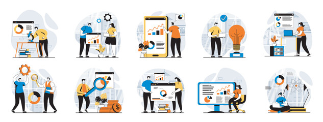 Leinwandbilder - Data science web concept with people scenes mega set in flat design. Bundle of character situations with chart reports research, scientist monitoring and working with databases. Vector illustrations.