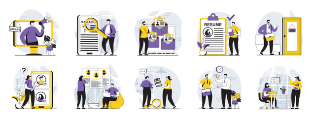 Poster - Employee hiring process web concept with people scenes mega set in flat design. Bundle of character situations with human resources, staff recruitment, finding candidates online. Vector illustrations.