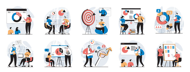 Poster - Focus group web concept with people scenes mega set in flat design. Bundle of character situations with marketing research, study customer behavior, doing communication strategy. Vector illustrations.