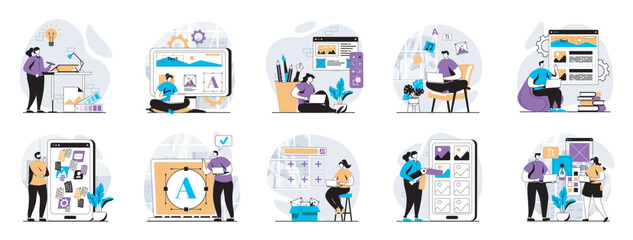 Leinwandbilder - UI UX design web concept with people scenes mega set in flat design. Bundle of character situations with user interface layouts creating, testing app usability for mobile screen. Vector illustrations.