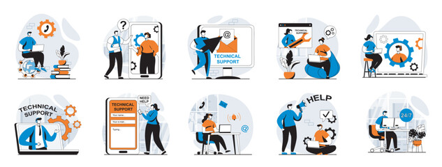 Poster - Technical support web concept with people scenes mega set in flat design. Bundle of character situations with online customer service, clients communication, helpdesk assistants. Vector illustrations.