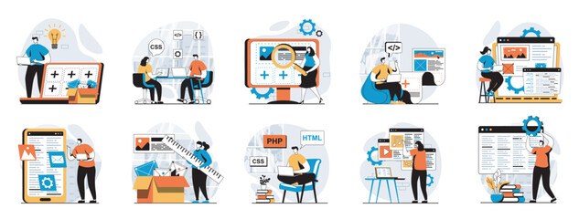 Poster - Web development concept with people scenes mega set in flat design. Bundle of character situations with wireframe site layout creation, engineering code and testing scripts. Vector illustrations.