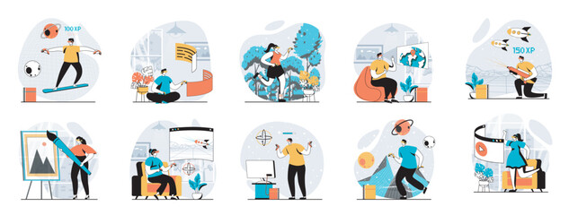 Poster - Virtual reality web concept with people scenes mega set in flat design. Bundle of character situations with gaming, working, studying, drawing at VR glasses in augmented space. Vector illustrations.