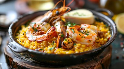 Poster - A seafood risotto dish with creamy Arborio rice, mixed seafood, saffron, and Parmesan cheese.