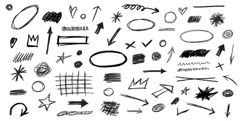 Leinwandbilder - Hand drawn collection pen, pencil, charcoal simple elements. Doodle set different oval, lines, arrows, highlights and shapes in grunge style.