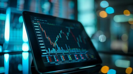 Aufkleber - A tablet displaying stock market indices and benchmark performance charts, for comparative analysis.