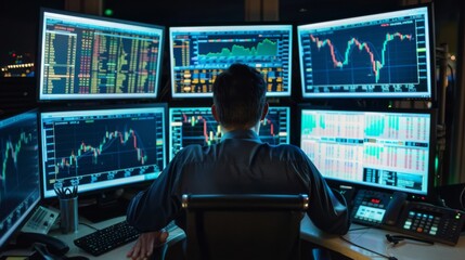 Aufkleber - A trader monitoring stock market trends on multiple computer screens, with charts and graphs displayed for analysis.