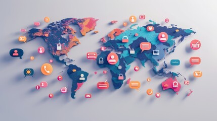 Aufkleber - A world map overlaid with communication icons like speech bubbles and video call symbols, representing global connectivity.