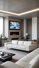 High end modern living room with white leather couch and a large flat screen tv mounted on the wall, brutalist architecture mixed with modern futuristic minimal design