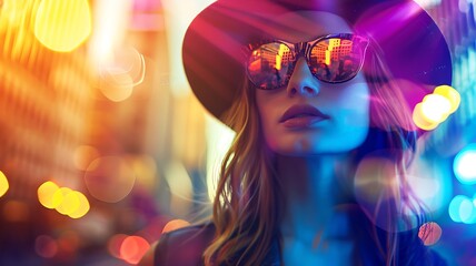 Wall Mural - A woman in a hat and sunglasses, standing confidently amidst the backdrop of a lively cityscape, real photo, stock photography